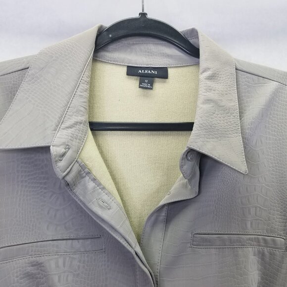 ALFANI Maxi Dress Women's 12 Gray Faux Leather Short Sleeve Belted Button Up NWT - Picture 7 of 16